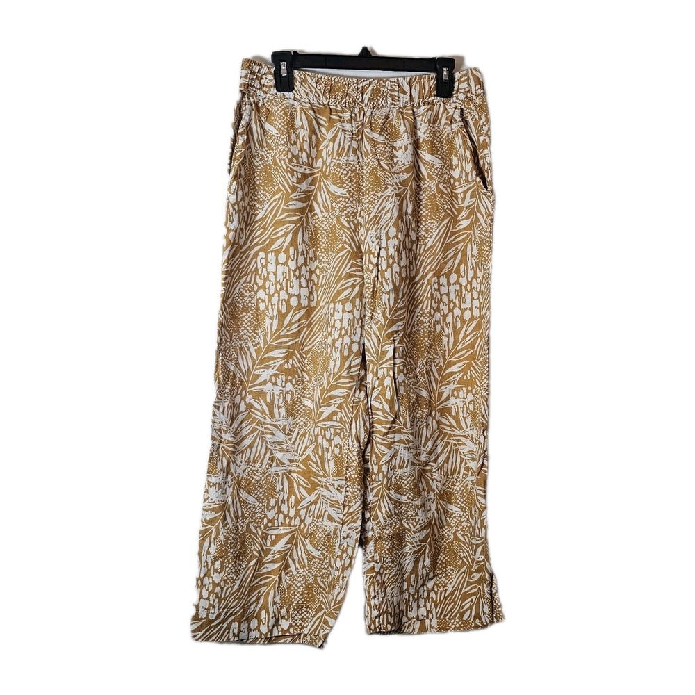 Christian Siriano Womans Large Wide Leg 100% Linen Mustard Floral Pants Resort